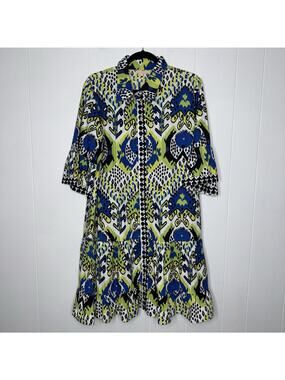 Azure And Indigo Women’s Ikat Shirt Dress Lime Green Blue Size Large